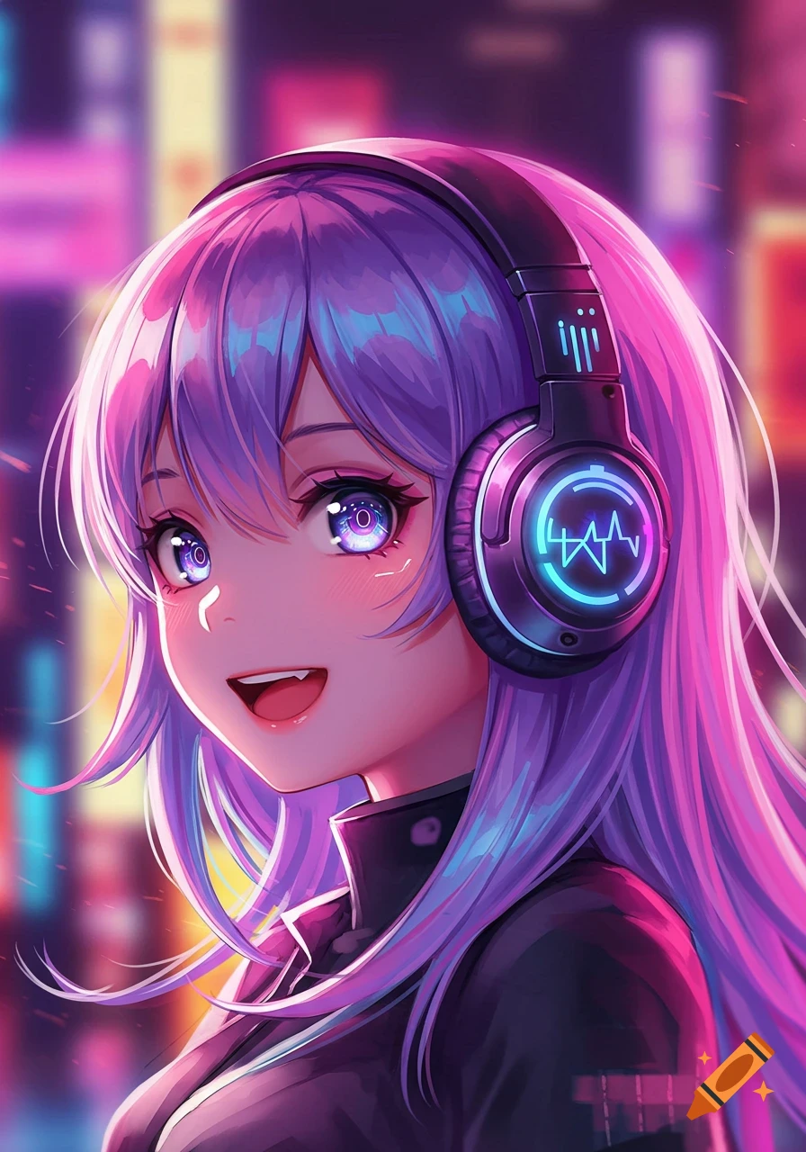 A vibrant anime girl with purple hair and glowing eyes smiles, wearing black headphones with neon blue lights, against a blurred neon city background.