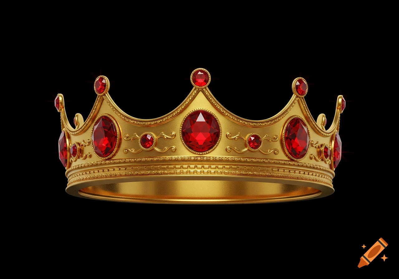 A gold crown adorned with many faceted red ruby jewels on a black background.