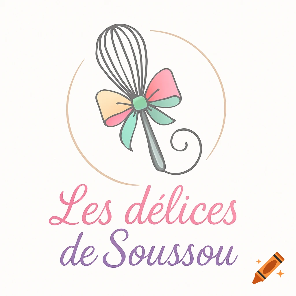 A colorful logo for a pastry shop, featuring a whisk tied with a pink, yellow, and teal ribbon, above the text 'Les délices de Soussou'.