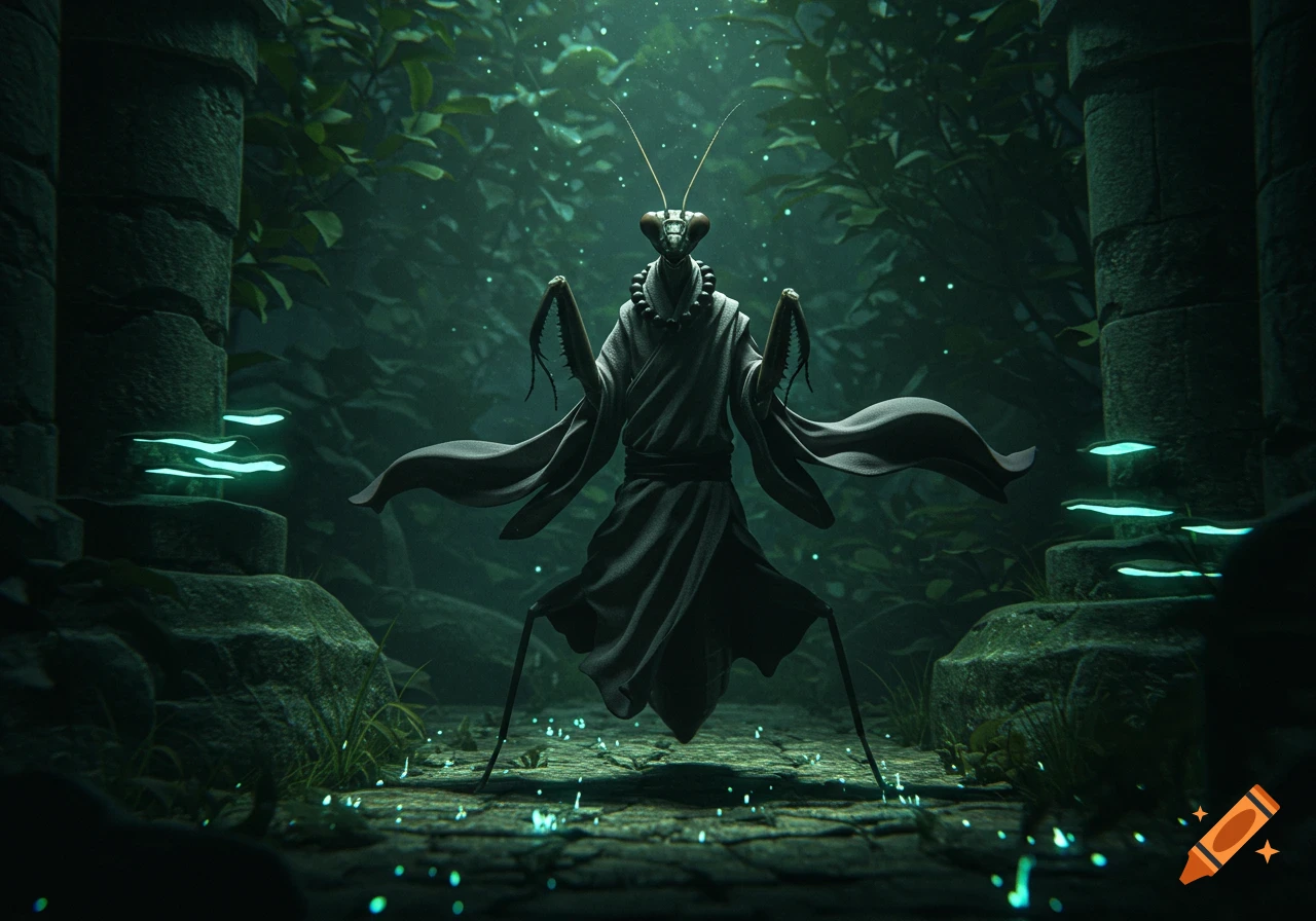A dark praying mantis monk stands in a mystical, lush green forest with ancient stone pillars and glowing mushrooms.