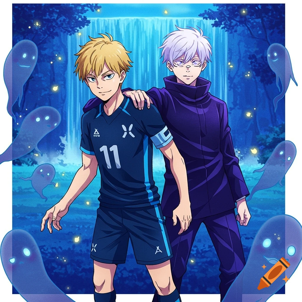 Two anime men, one in a blue soccer uniform, the other in purple, stand together in a mystical forest with glowing blue spirits.