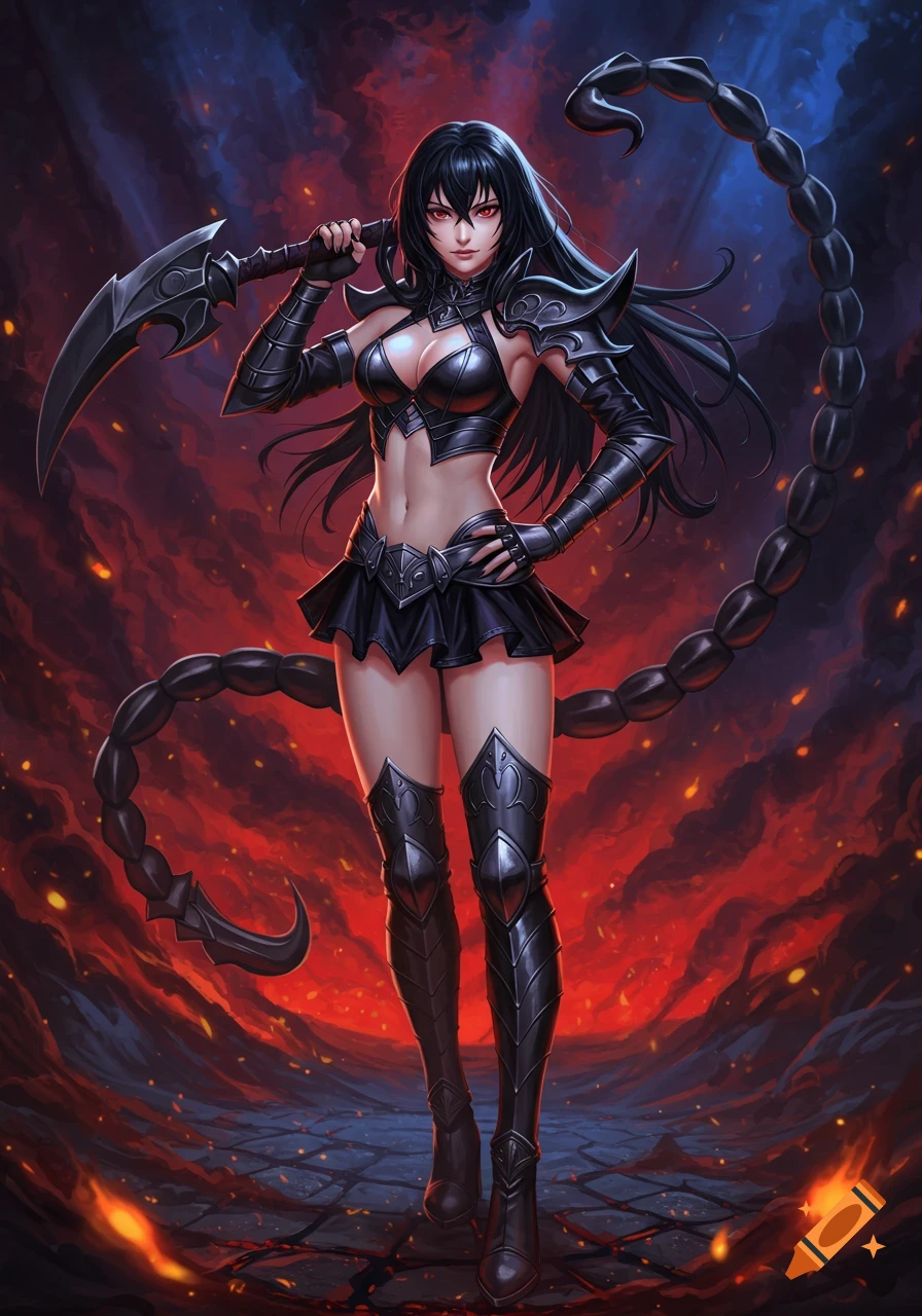 An anime girl warrior with long black hair and red eyes, wearing black armor and a short skirt, holds a scythe and has a scorpion tail, standing against a fiery background.