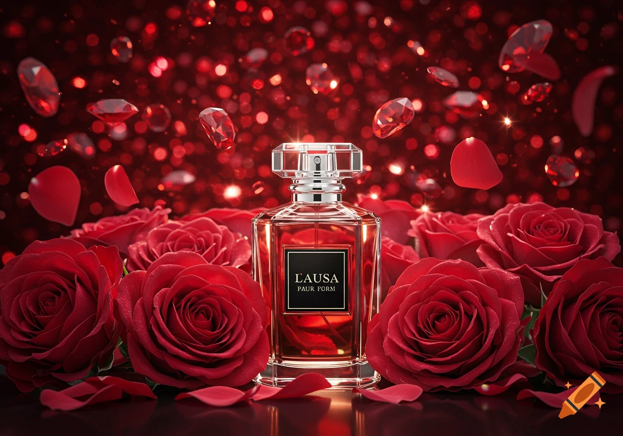 A perfume bottle sits among red roses and scattered red jewels, against a sparkling red bokeh background.