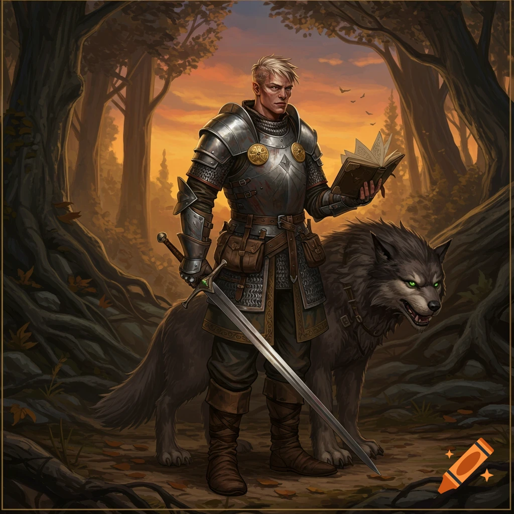 A blonde male warrior in detailed armor holds a sword and reads a book, with a dark wolf standing beside him in a sunset forest.