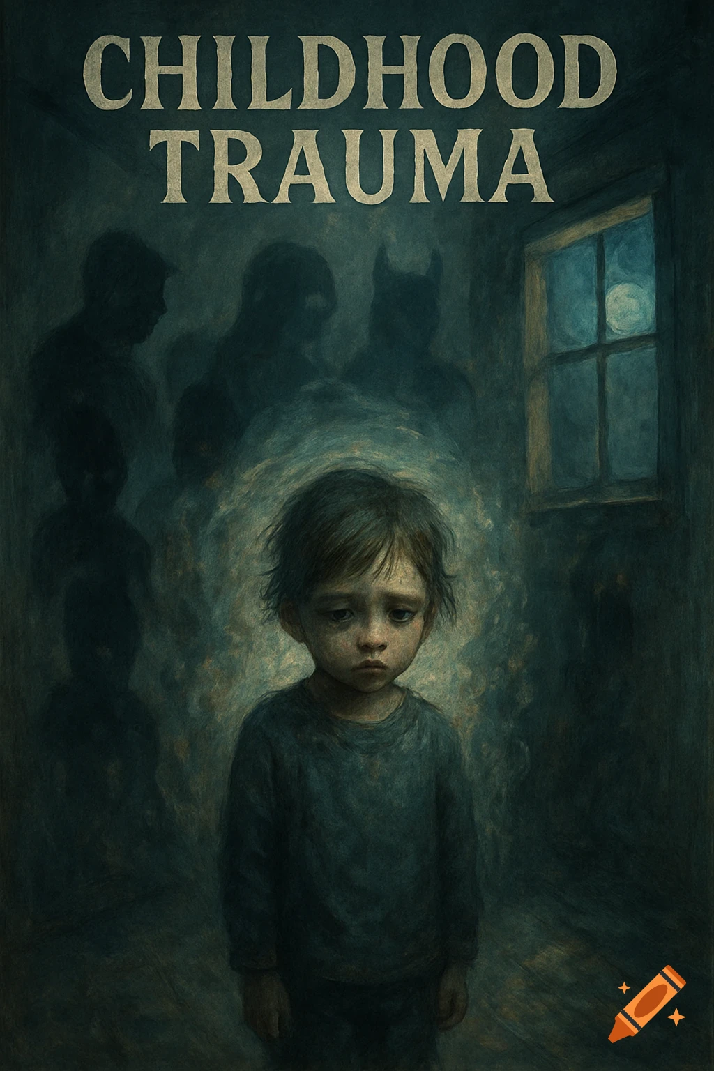 A distressed child stands alone in a dark room with shadowy figures and the text 'CHILDHOOD TRAUMA' overhead, in a painting style.