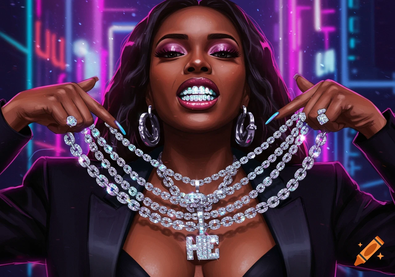 A stylized portrait of a woman with diamond grillz and multiple diamond chains, wearing a black blazer, against a neon city background.