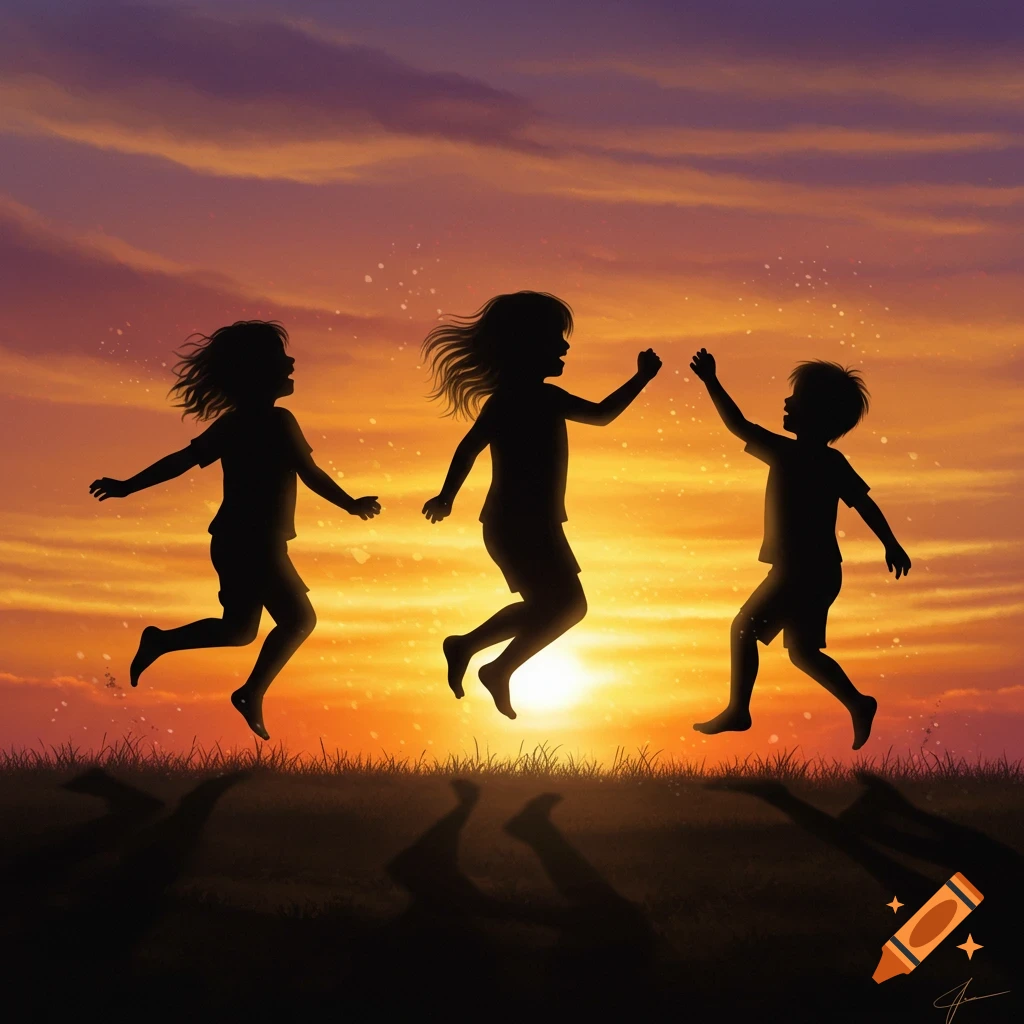 Three children in silhouette dance and jump against a vibrant orange and purple sunset sky over a grassy hill.