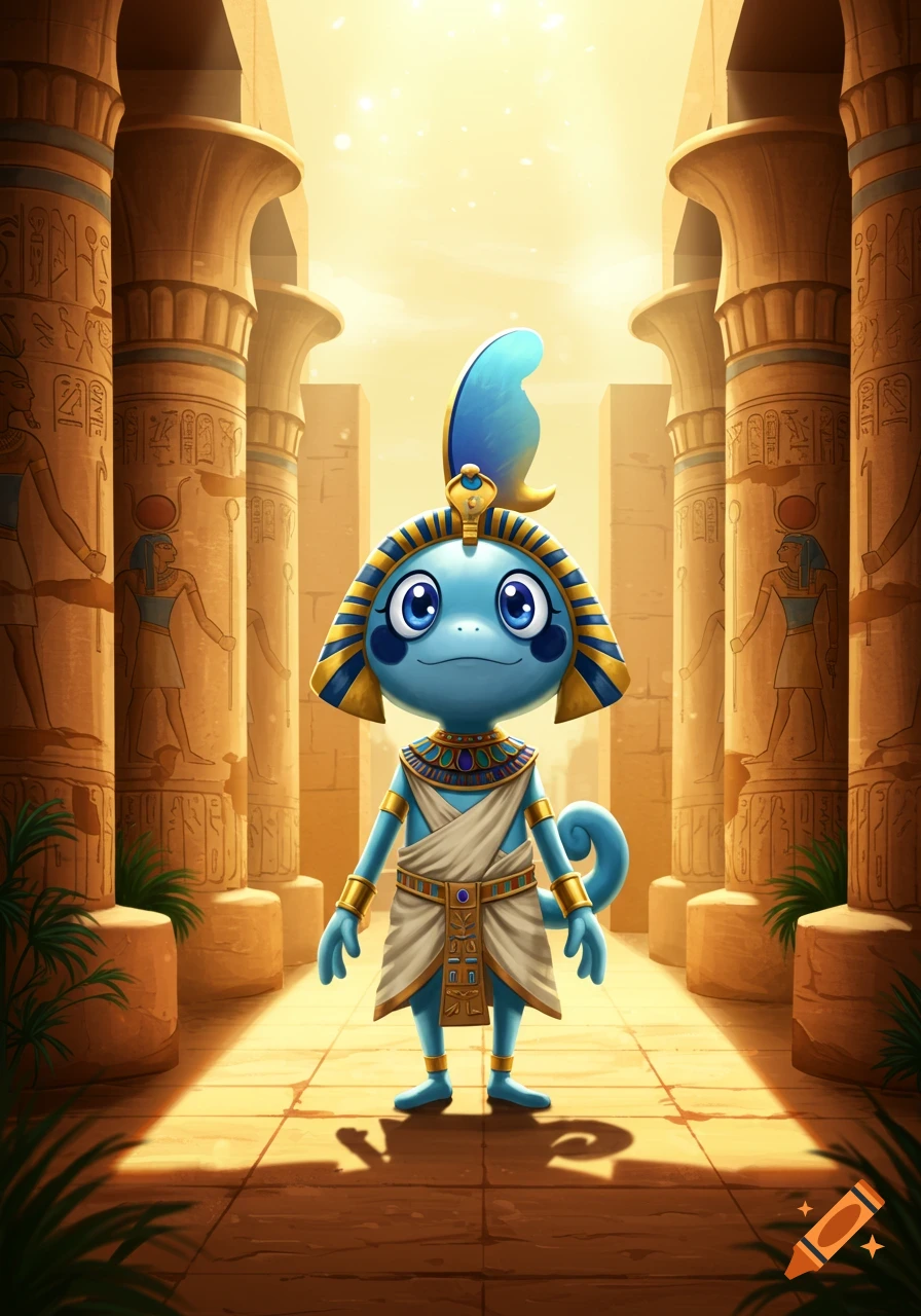 Blue cartoon chameleon-like creature dressed as an Egyptian god in a sunlit temple hall with hieroglyph-covered columns.