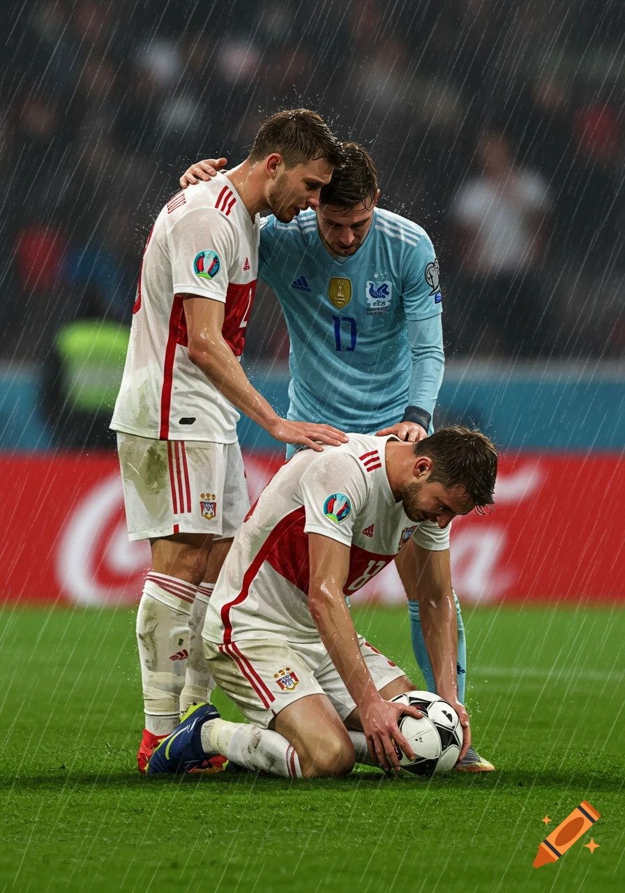 Three soccer players on a rainy field, two in white and red jerseys comfort a third player in a white and red jersey who is kneeling on the grass, holding a soccer ball, looking dejected. Another player in a light blue jersey stands nearby.