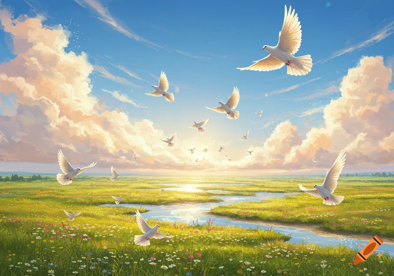 A vibrant pastoral landscape with a river flowing through a field of wildflowers under a bright blue sky with fluffy clouds, with many white doves flying.
