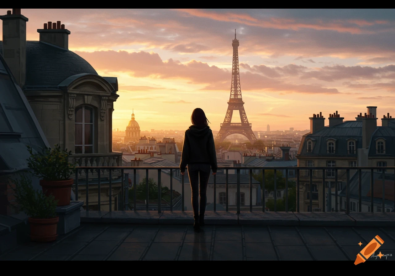 Young woman on a Parisian rooftop admiring the Eiffel Tower and city skyline at golden hour, cinematic style.