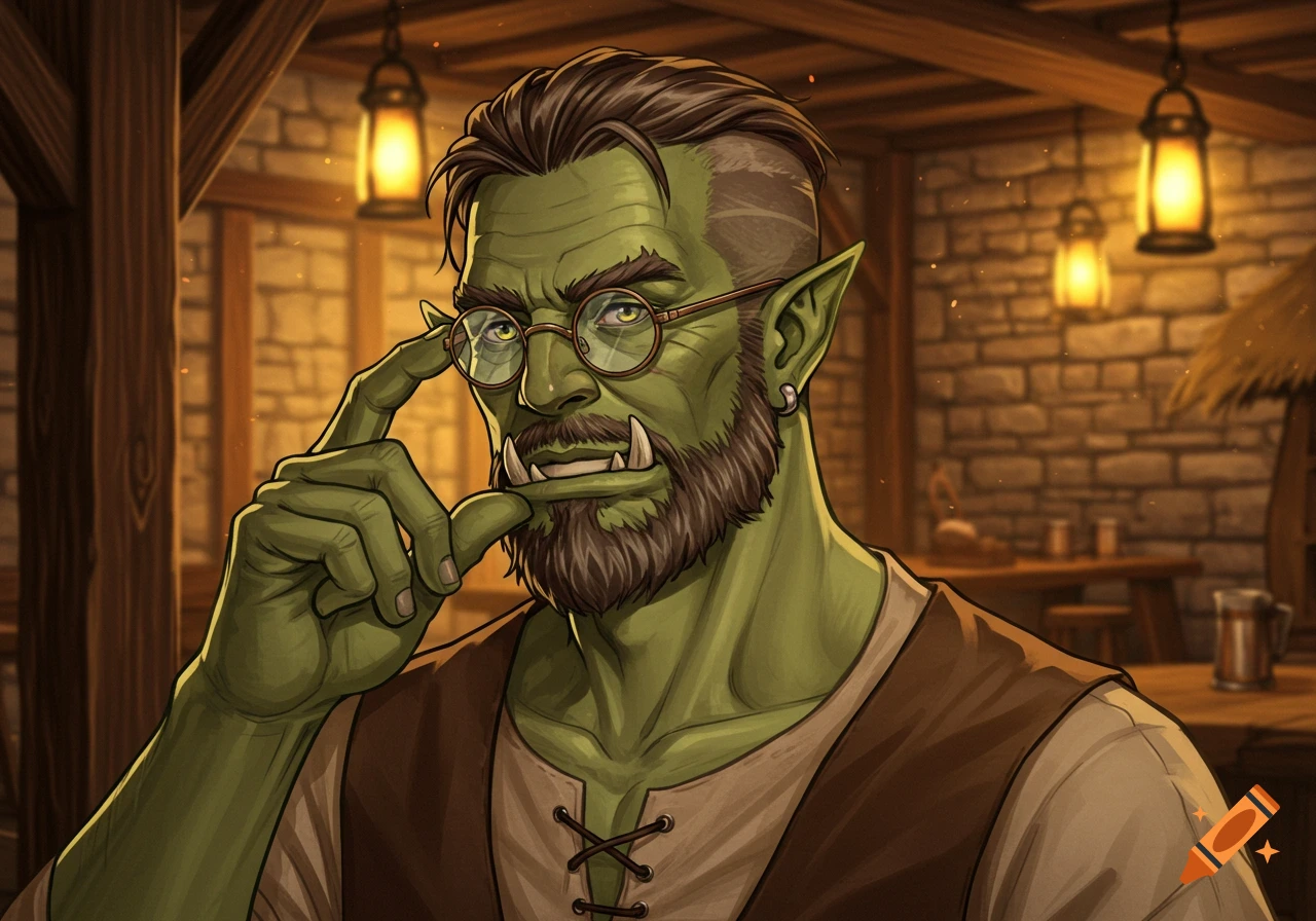Manga-style drawing of a smirking, bearded half-orc man in glasses with tusks, in a warm tavern.