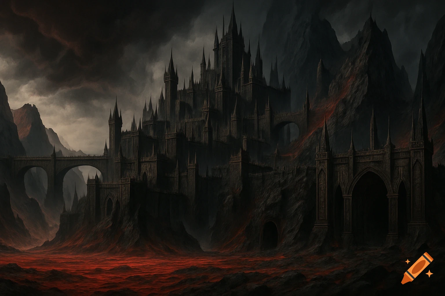 A vast, dark gothic fortress-city rises from a red, rocky landscape, surrounded by black mountains under a stormy sky.