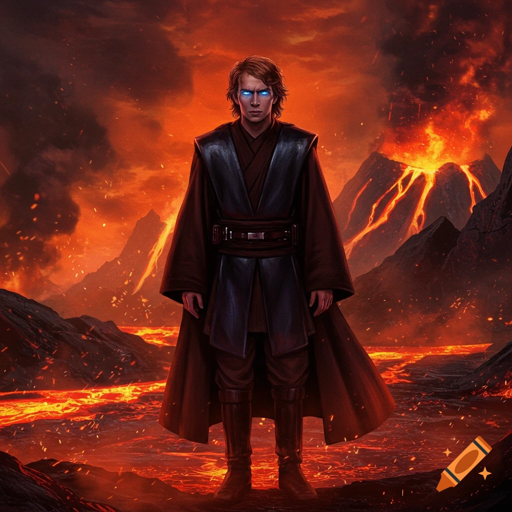Anakin Skywalker with glowing blue eyes, in dark robes, stands on a volcanic planet with lava and erupting volcanoes. Digital painting.