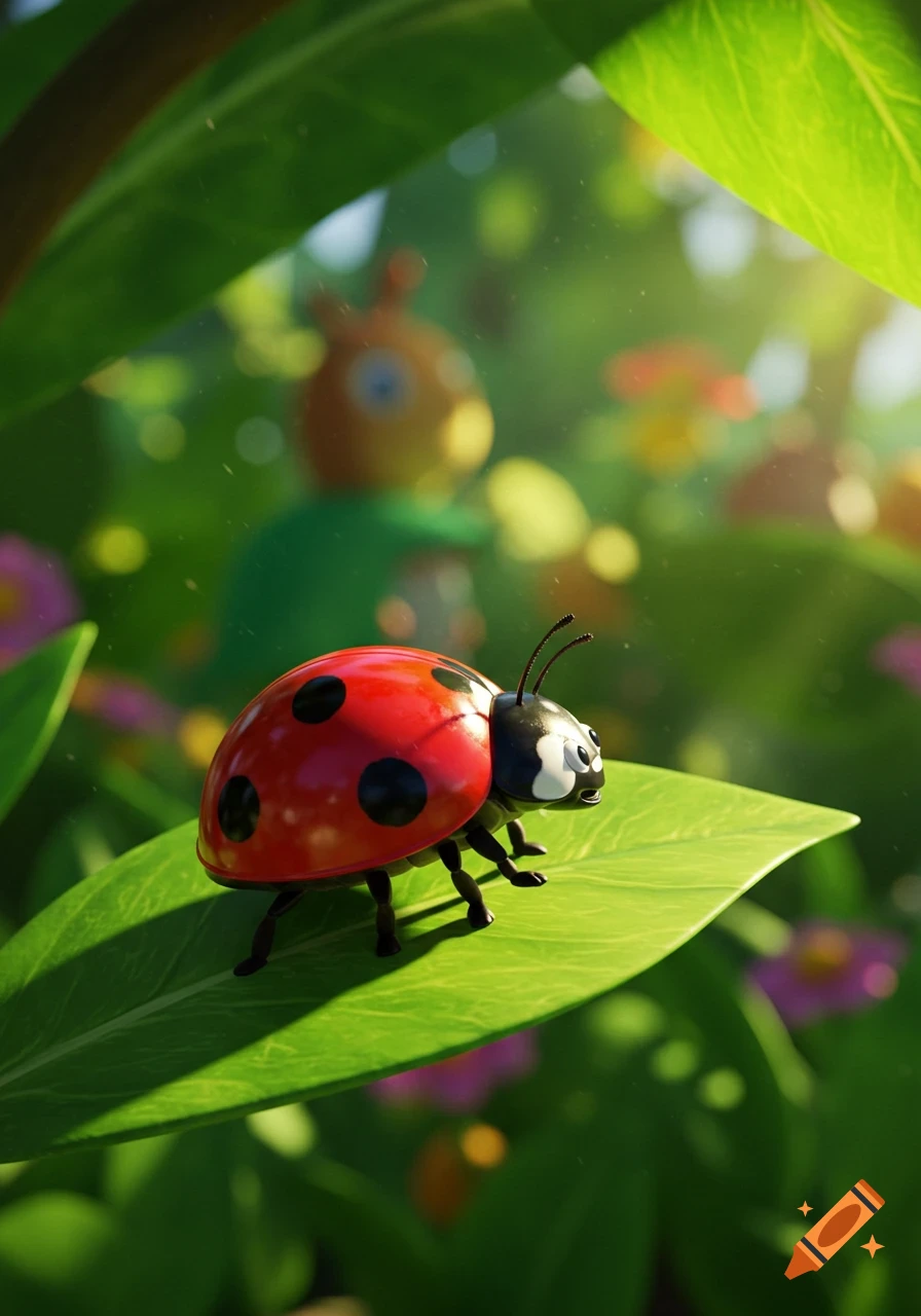 A bright red cartoon ladybug with black spots sits on a vibrant green leaf, with a blurry cartoon character in a sunny, green background.