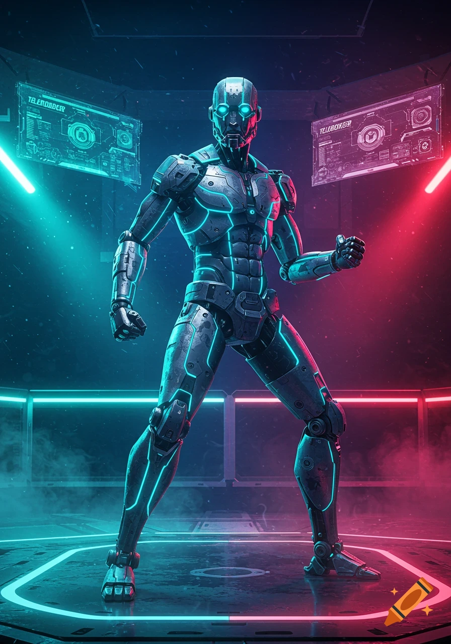 A metallic robot with glowing blue lines stands in a dark, neon-lit room with red and cyan lights and holographic displays.