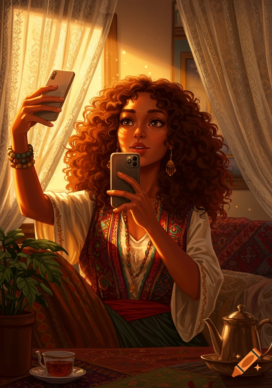 Illustrated portrait of a curly-haired woman in traditional attire taking a selfie in golden window light.