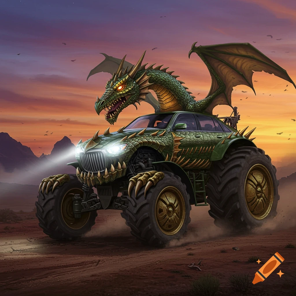A powerful green dragon monster truck drives through a dusty desert landscape at sunset, detailed illustration.