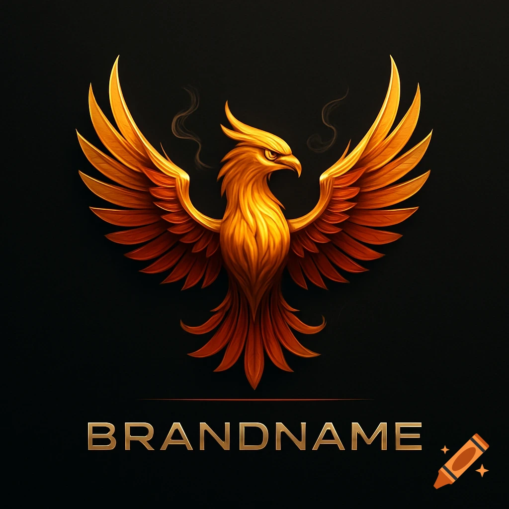 A stylized golden phoenix logo with outstretched wings on a dark background, featuring the text BRANDNAME.