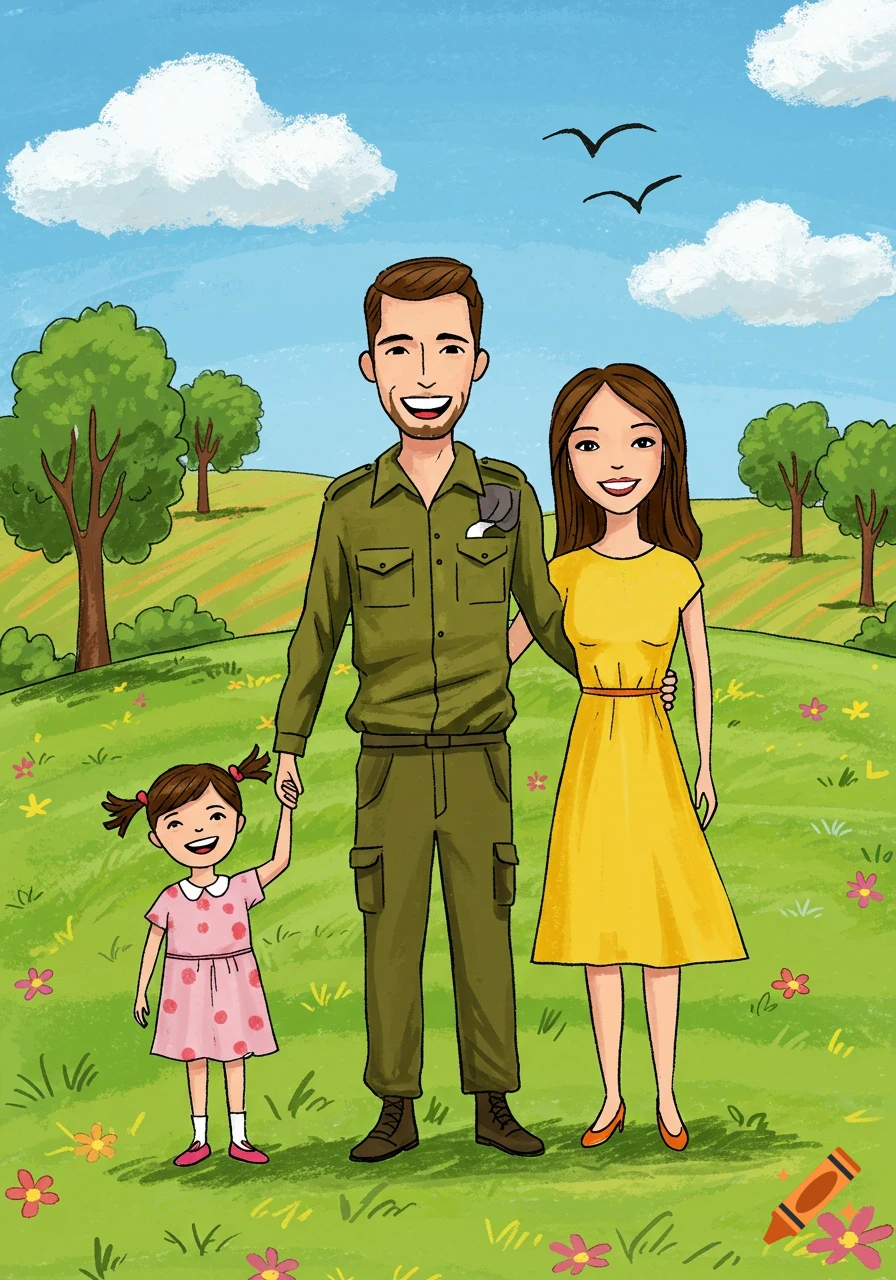 Cheerful cartoon of a smiling family: father in military uniform, mother in yellow dress, daughter in pink, in a green park.