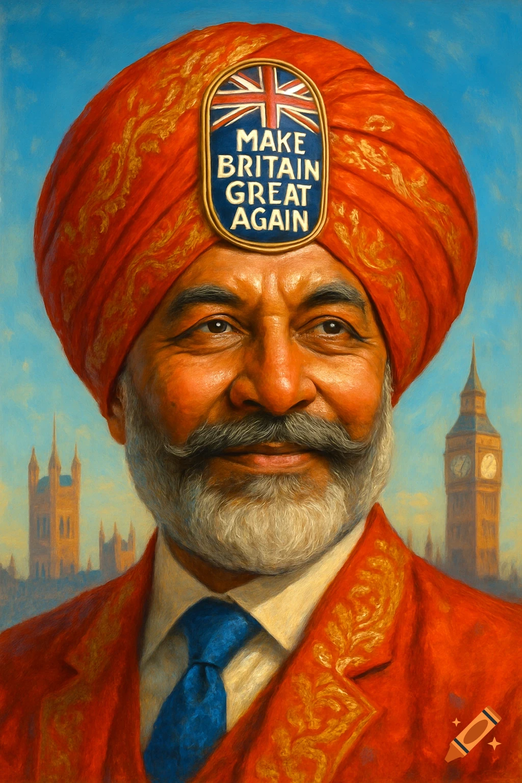 Painterly portrait of a smiling man in a red turban with a 'MAKE BRITAIN GREAT AGAIN' badge, against a London skyline.