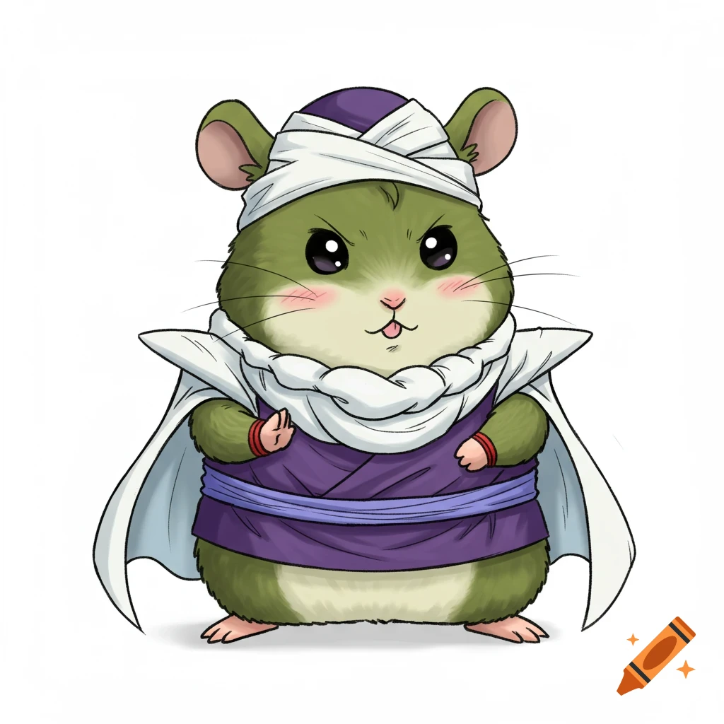 A cute, stylized green hamster dressed as Piccolo from Dragon Ball, with a purple outfit, white cape, and turban, sticking its tongue out.