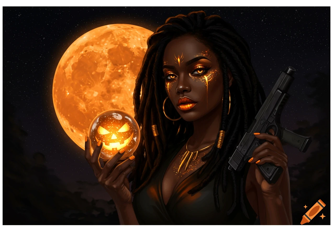 Stylized portrait of a Black woman with dreadlocks, glowing orange eyes, holding a jack-o'-lantern orb and a gun under an orange moon.