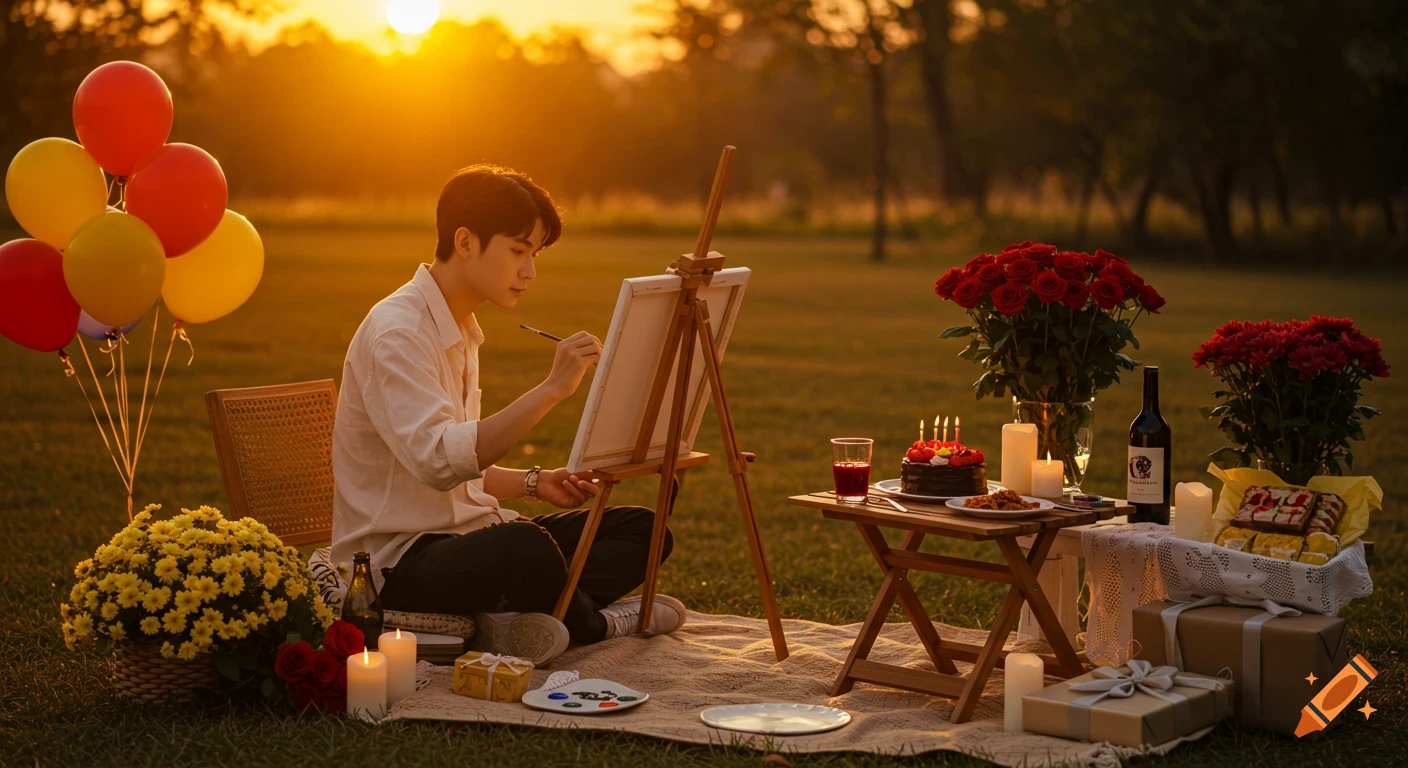 A young man paints on an easel during a romantic outdoor birthday picnic at sunset, surrounded by balloons, flowers, cake, and gifts.