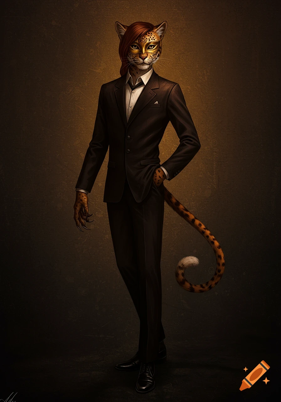 Full-body portrait of an anthropomorphic leopard in a black suit, with brown hair, a golden mask, and a spotted tail.