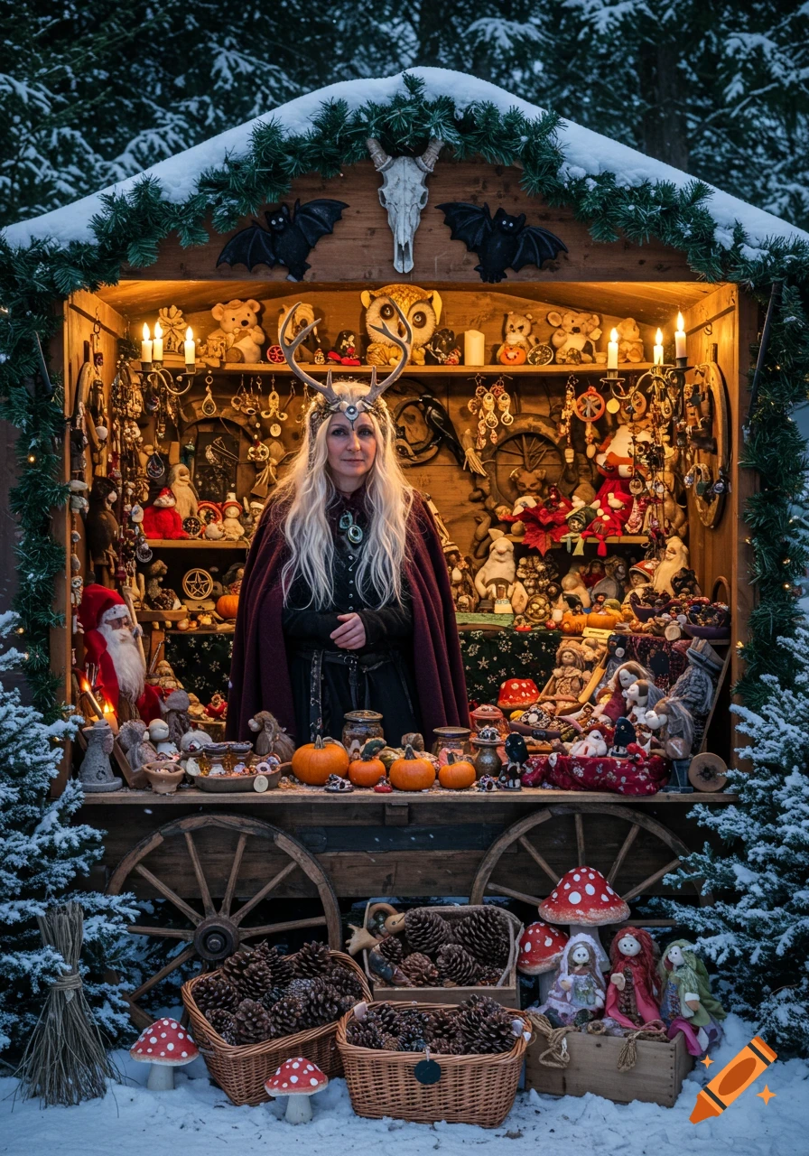 A woman with long white hair and antlers stands in a snowy medieval Christmas market stall filled with candles, pumpkins, pinecones, and various magical items.