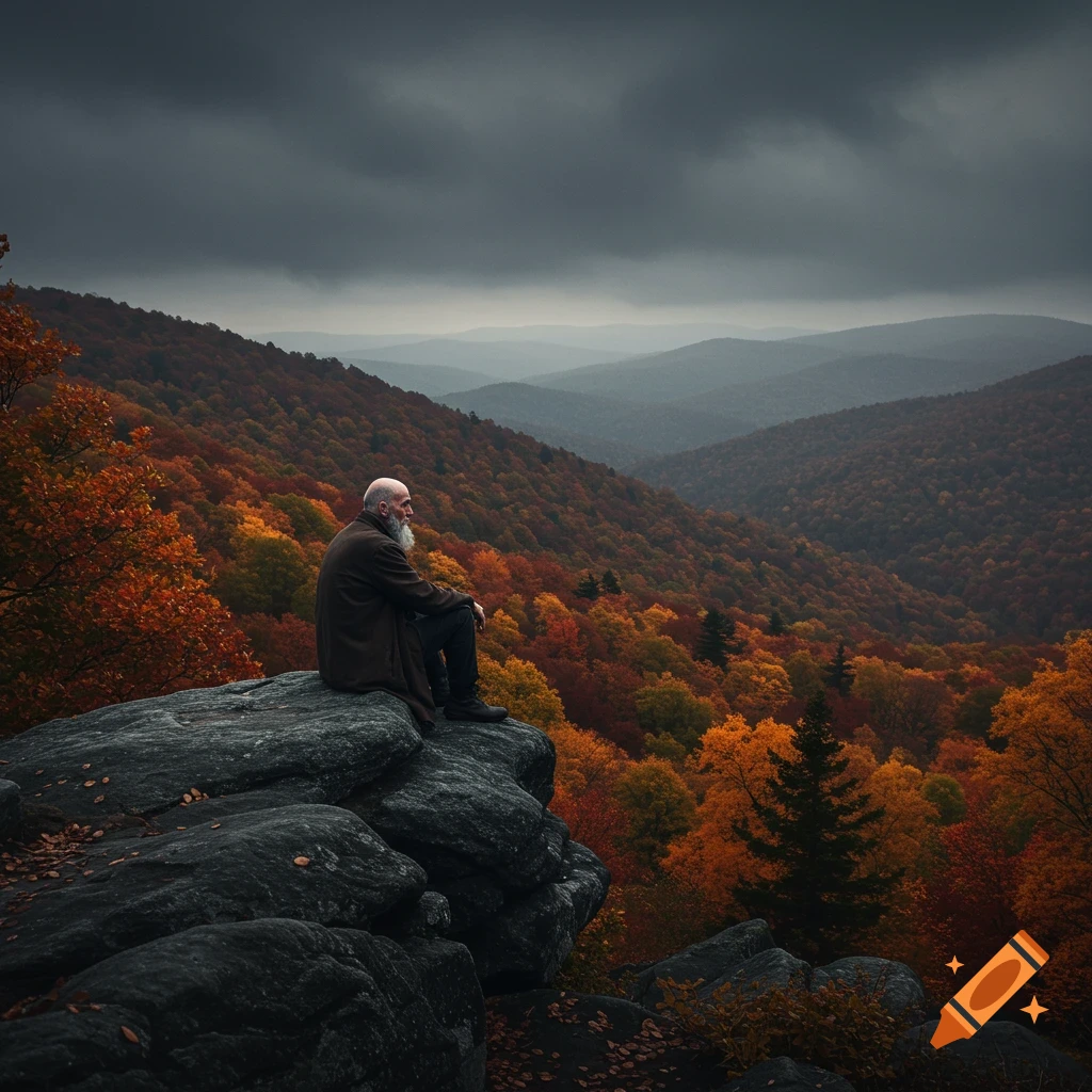 A bearded man in a brown coat sits on a large rock, looking at a vast autumn forest and mountains under an overcast sky.