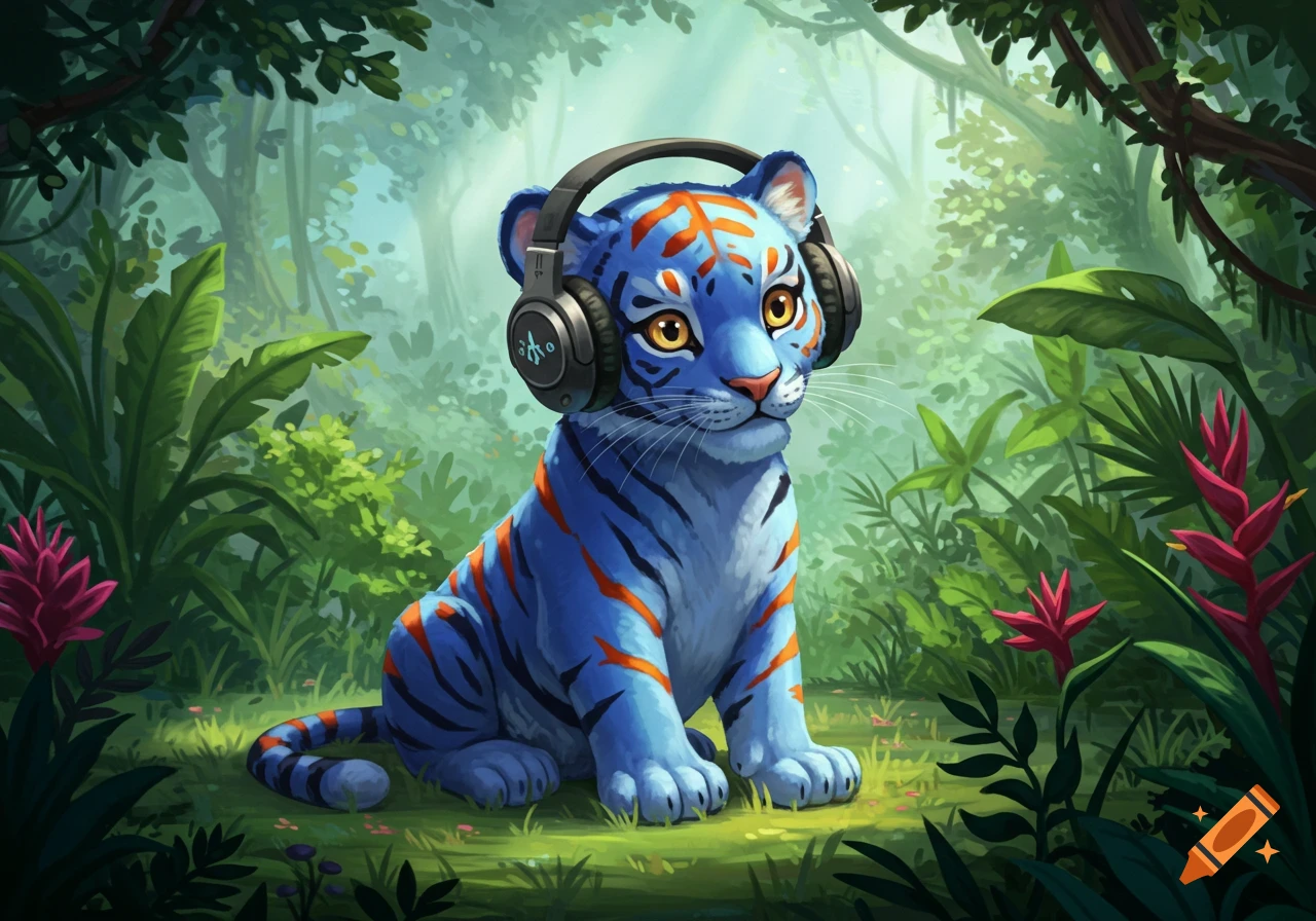 A blue baby tiger with orange stripes wears headphones in a lush jungle.