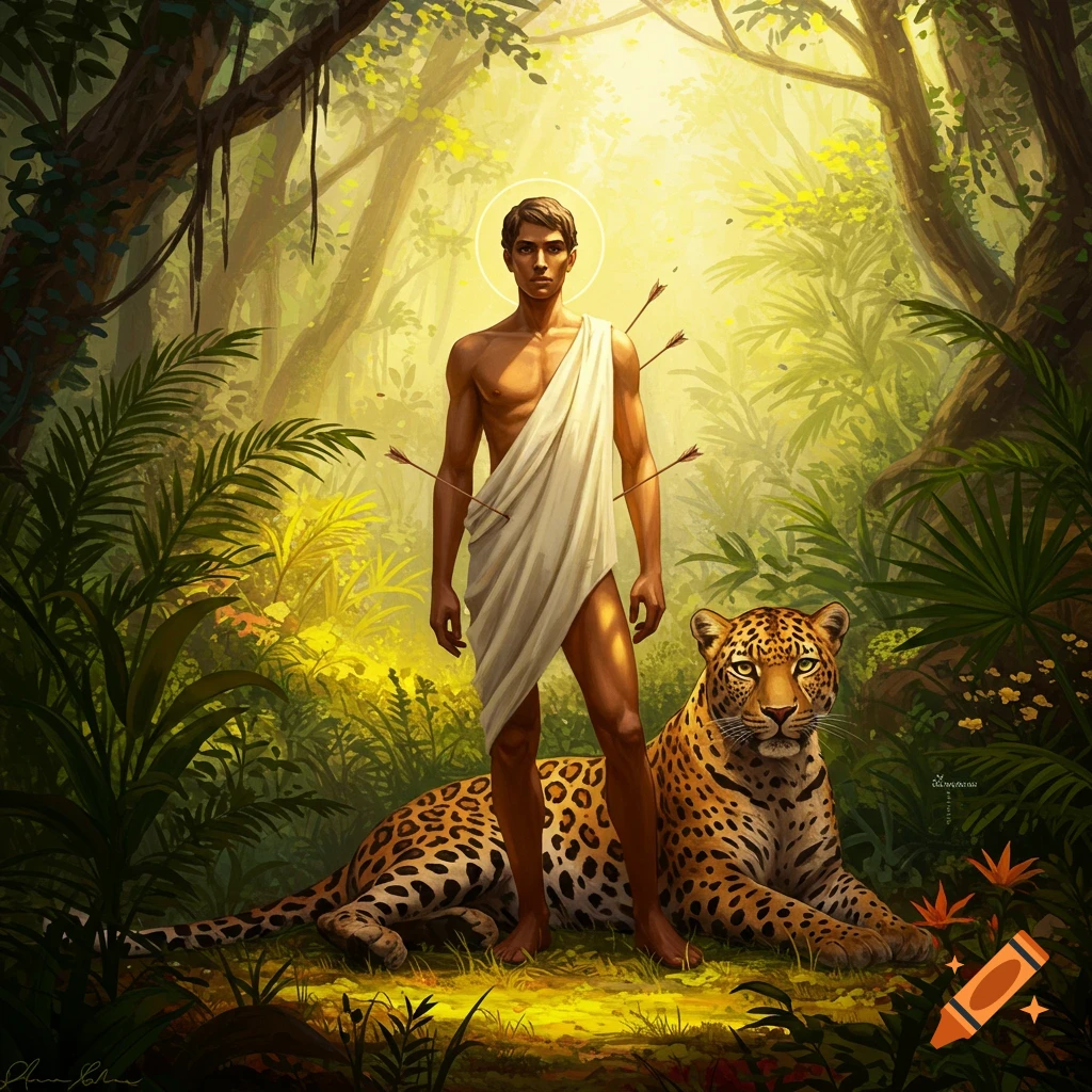 Saint Sebastian, pierced by arrows and draped in white cloth, stands beside a leopard in a vibrant, sunlit jungle in a painterly style.