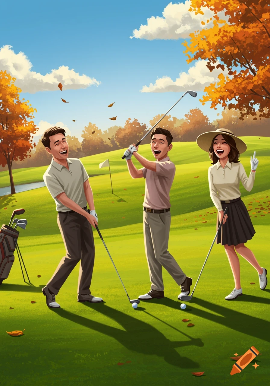 Three joyful people, two men and one woman, playing golf on an autumn course with colorful trees, in a vibrant illustration style.