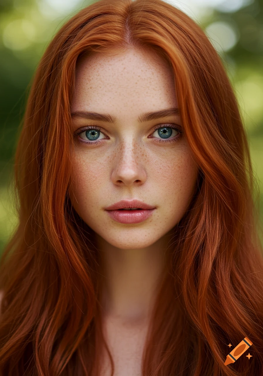 Close-up photorealistic portrait of a young woman with long red hair, freckles, and bright blue eyes.