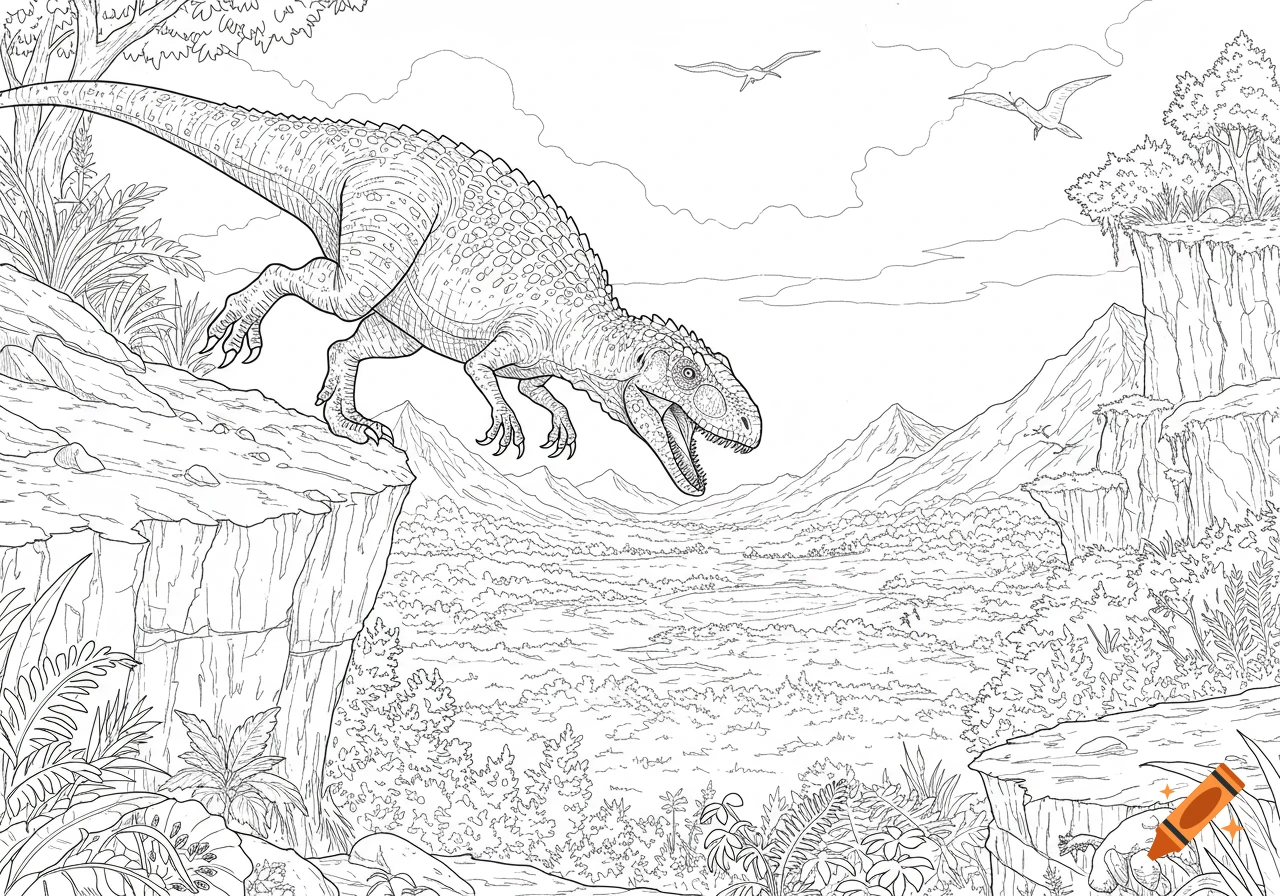 A detailed coloring page shows a large dinosaur about to fall off a cliff, overlooking a vast prehistoric landscape with mountains and trees, under a cloudy sky with flying pterodactyls.
