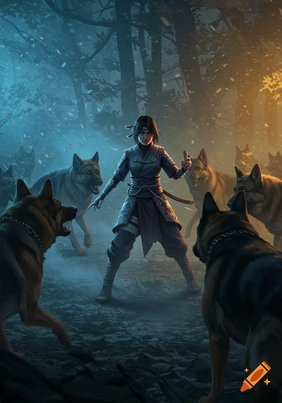 A young female shinobi stands defiantly in a dark forest, surrounded by snarling German shepherds with dynamic lighting.