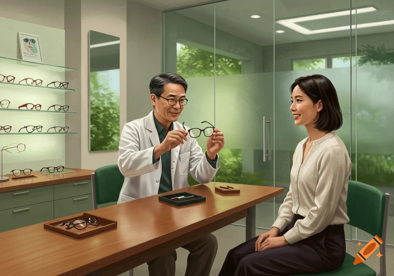 An Asian male optician shows a pair of glasses to a smiling Asian female patient in a bright optical store, with shelves of eyewear visible.