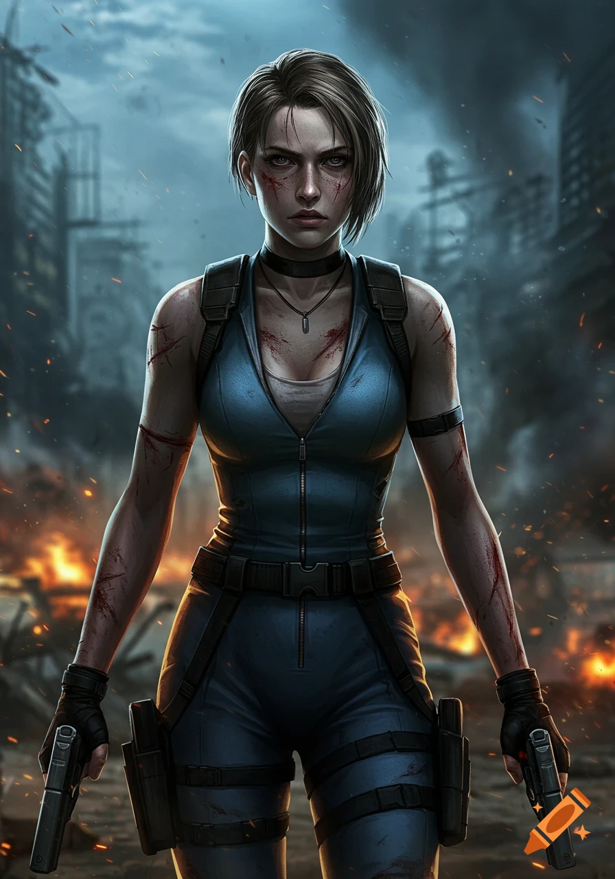Jill Valentine with short hair and scars, in a blue combat suit, holding pistols in a fiery, destroyed city.