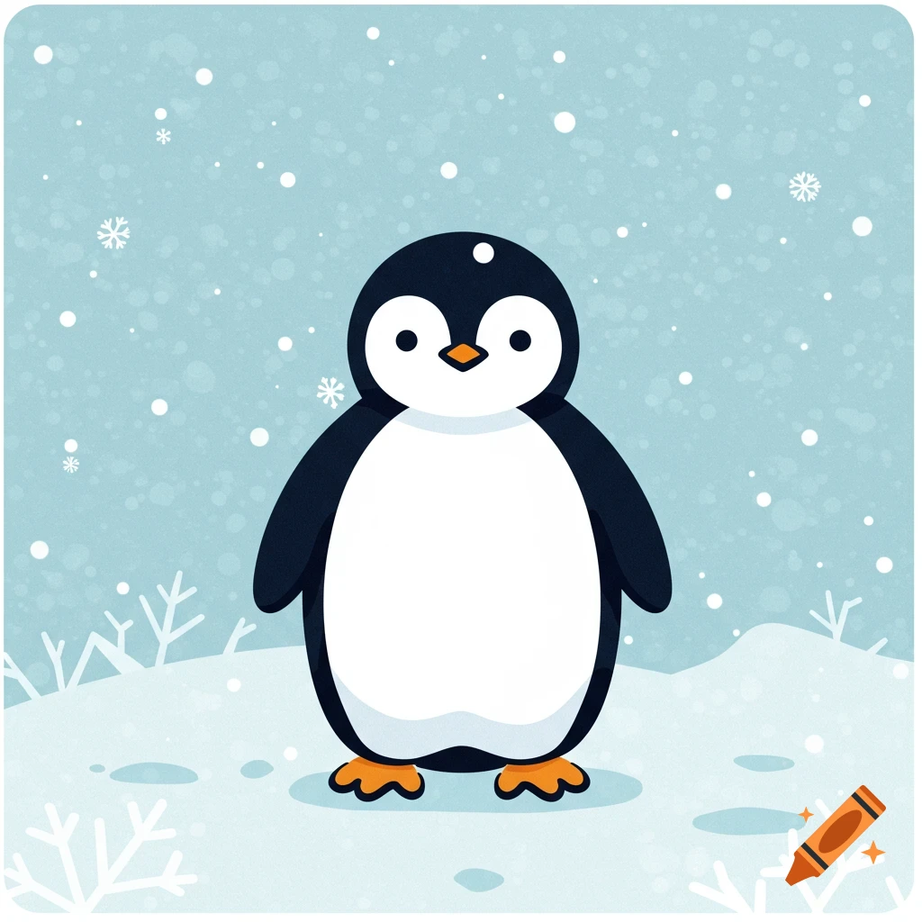 A cute 2D cartoon penguin stands in a snowy landscape with falling snowflakes.