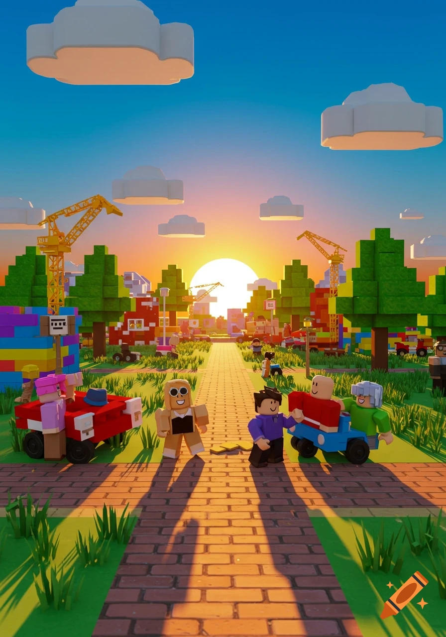 Voxel art cityscape with blocky characters, buildings, and construction cranes under a vibrant sunset.