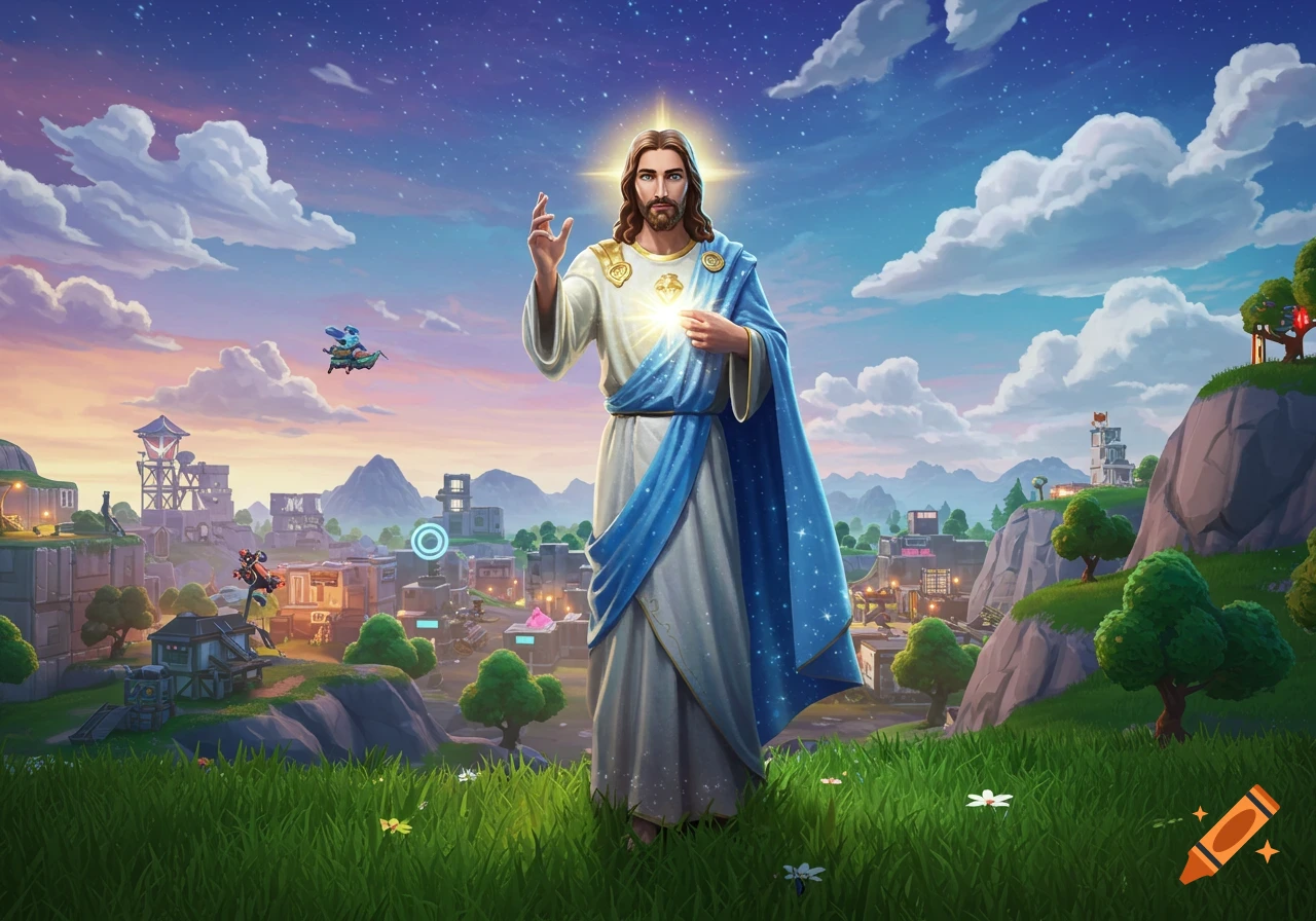 Jesus stands in a vibrant, stylized Fortnite landscape, glowing with light, under a starry sky.