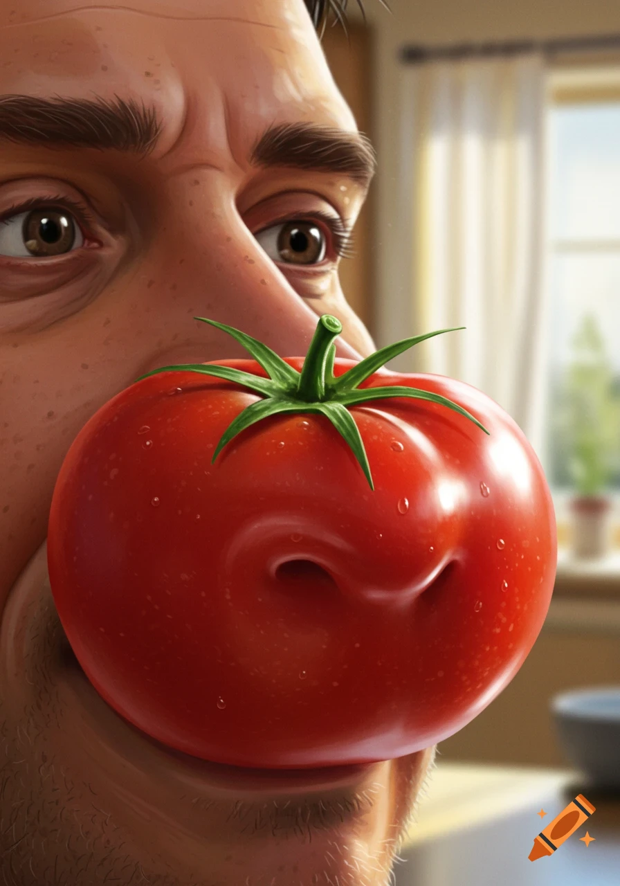 Close-up of a man's face with a bright red tomato where his nose should be, detailed in a surreal, slightly humorous style.