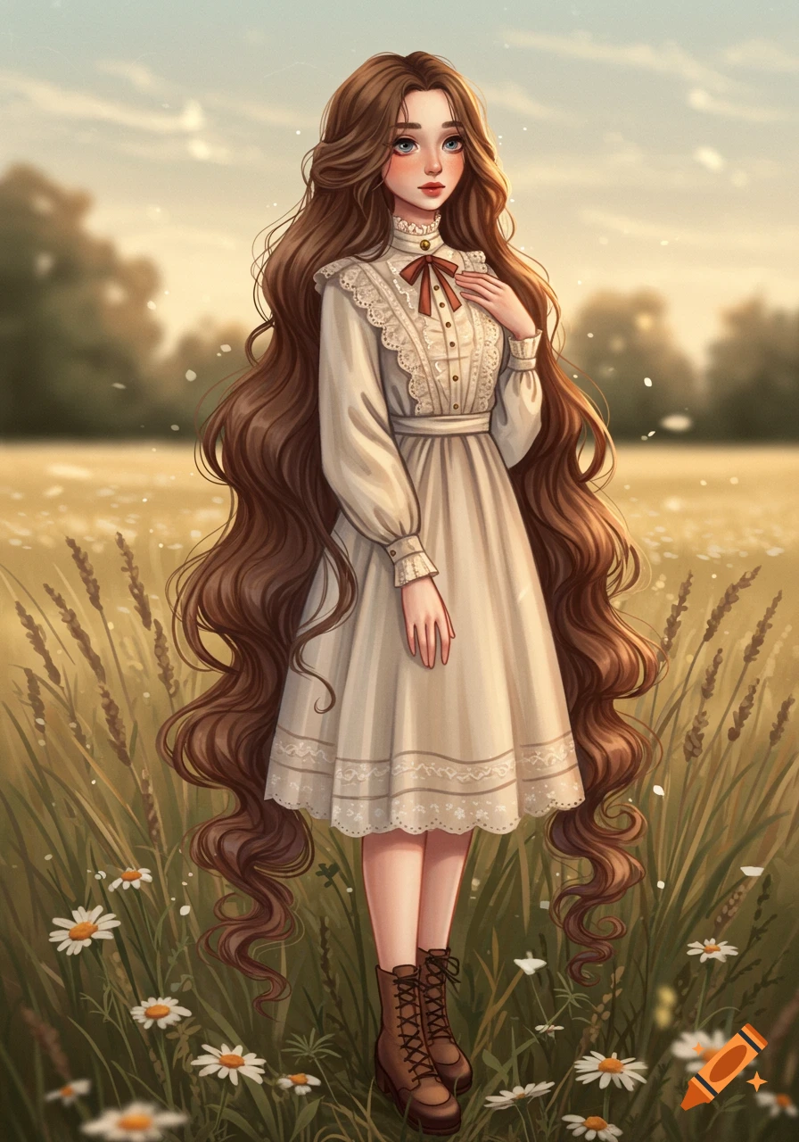 An illustrated girl with very long brown wavy hair, wearing a beige dress and boots, stands in a sunny field of daisies.