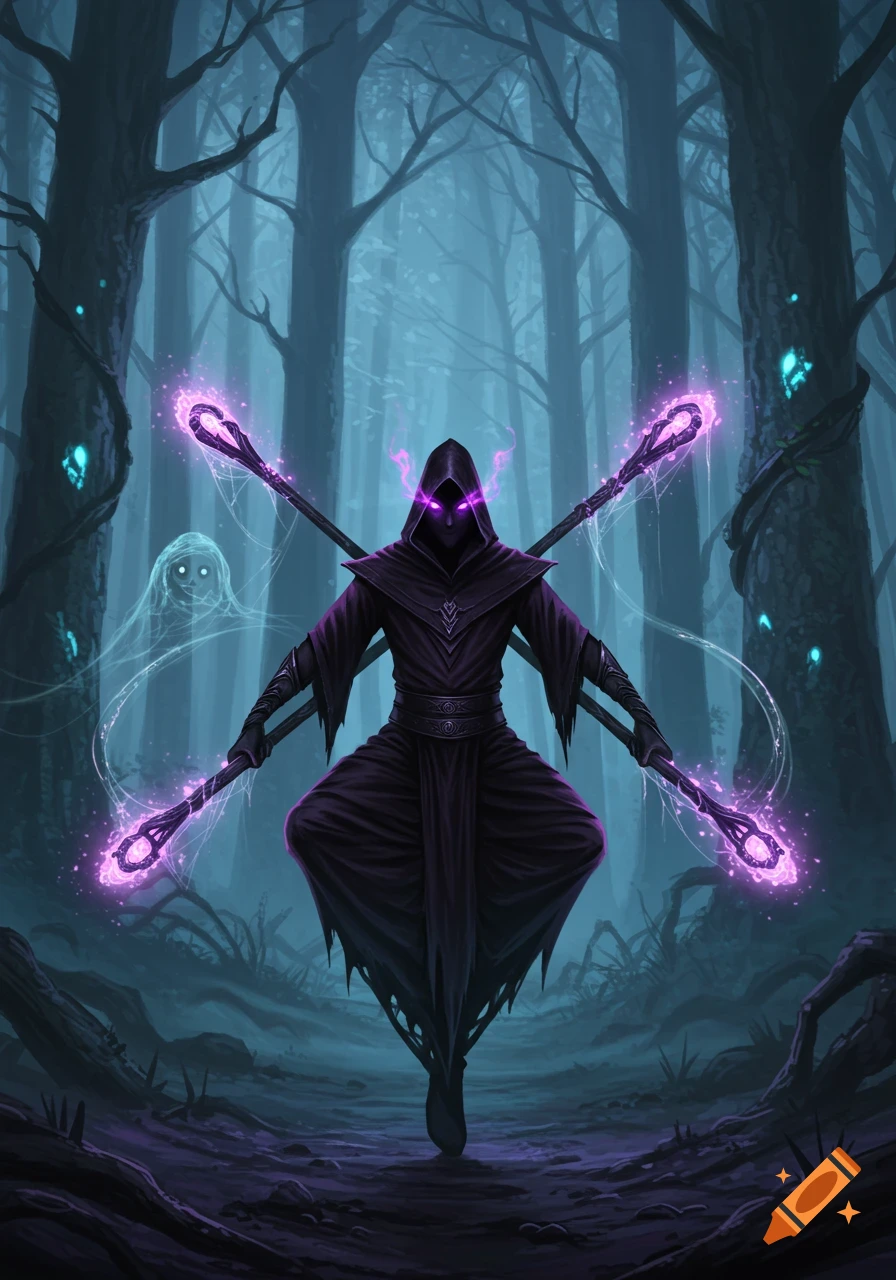 A shadow mage in a dark forest, clad in a hooded black robe with glowing purple eyes, holding four glowing purple magical staffs that cross behind him. A ghostly figure is visible on the left.