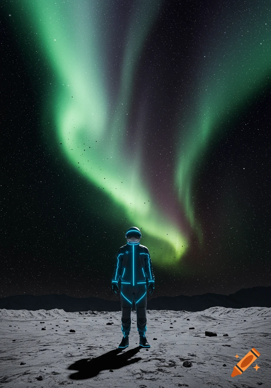 A lone astronaut in a futuristic, neon-lit suit stands on a barren landscape under a vibrant green aurora borealis and starry sky.