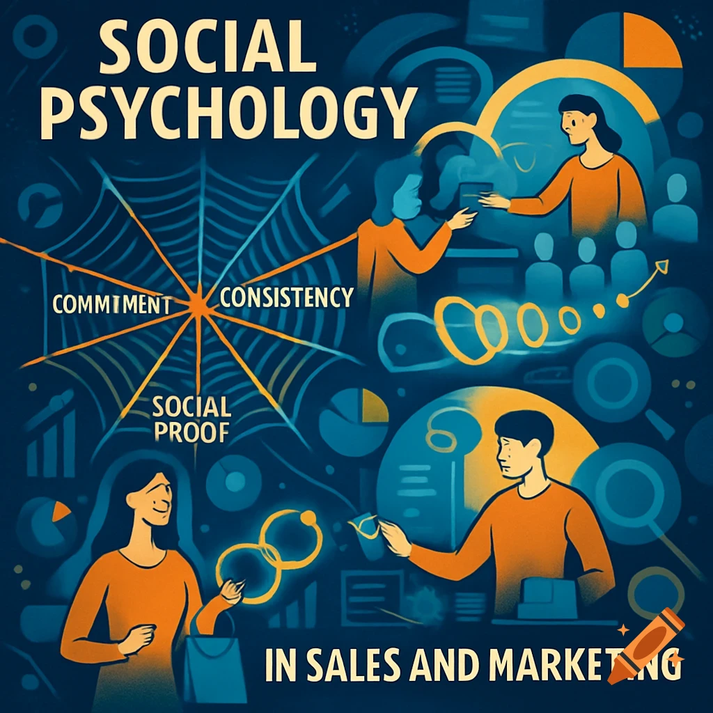Illustration for social psychology in sales and marketing, showing text 'Social Psychology' and 'In Sales and Marketing', a spiderweb with concepts like 'Commitment', 'Consistency', and 'Social Proof', along with stylized figures and data visuals.