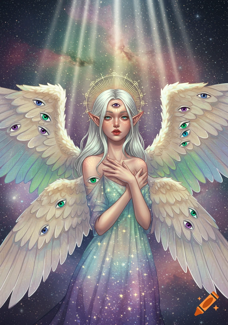 An angelic girl with multiple eyes on her forehead, wings, and arm, standing against a starry cosmic background.