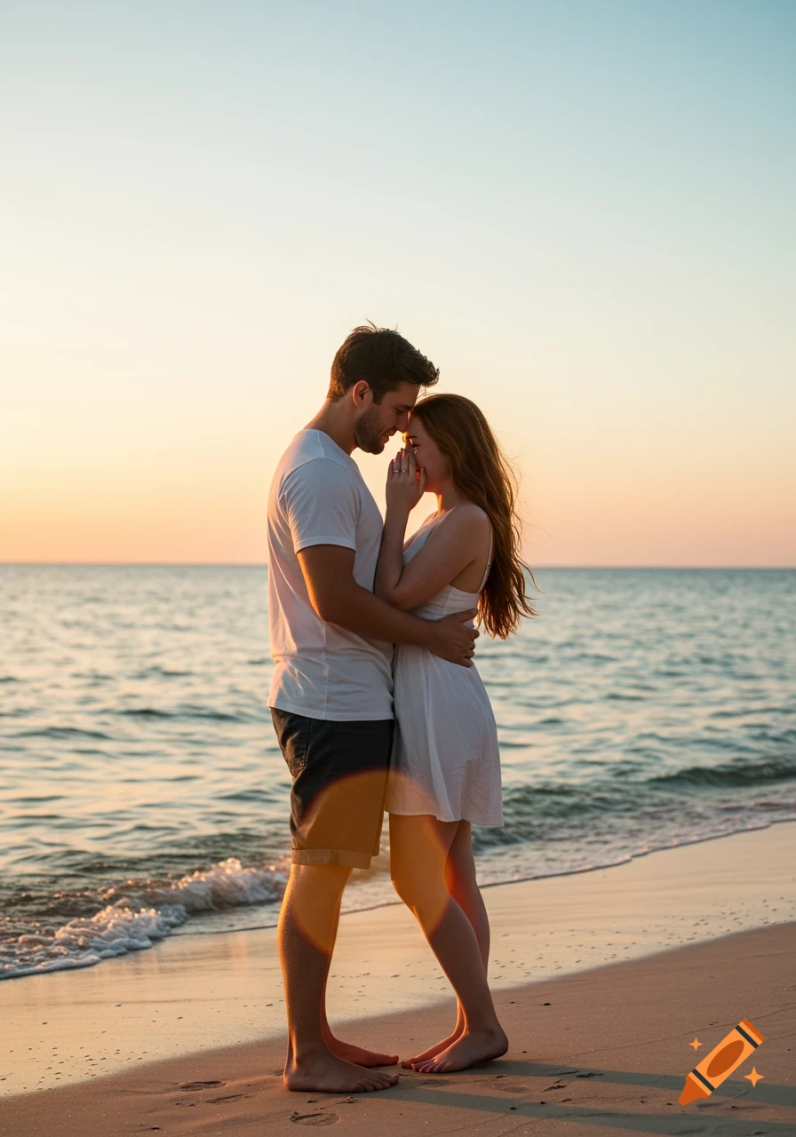 A romantic couple embraces on a beach at sunset, foreheads touching, with the ocean in the background.