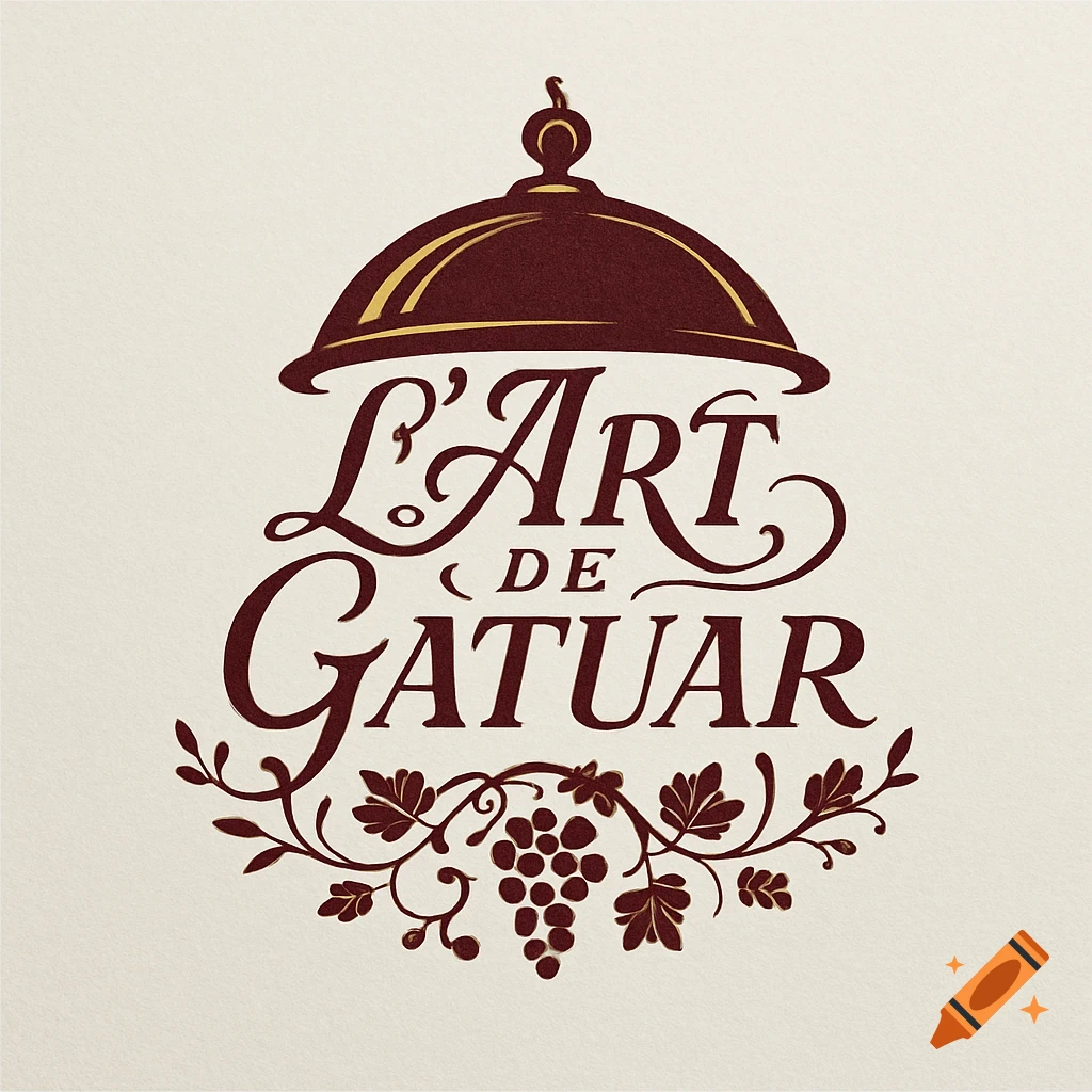An elegant restaurant logo with a maroon cloche over the phrase 'L'ART DE GATUAR' in a script font, framed by golden grapevines.